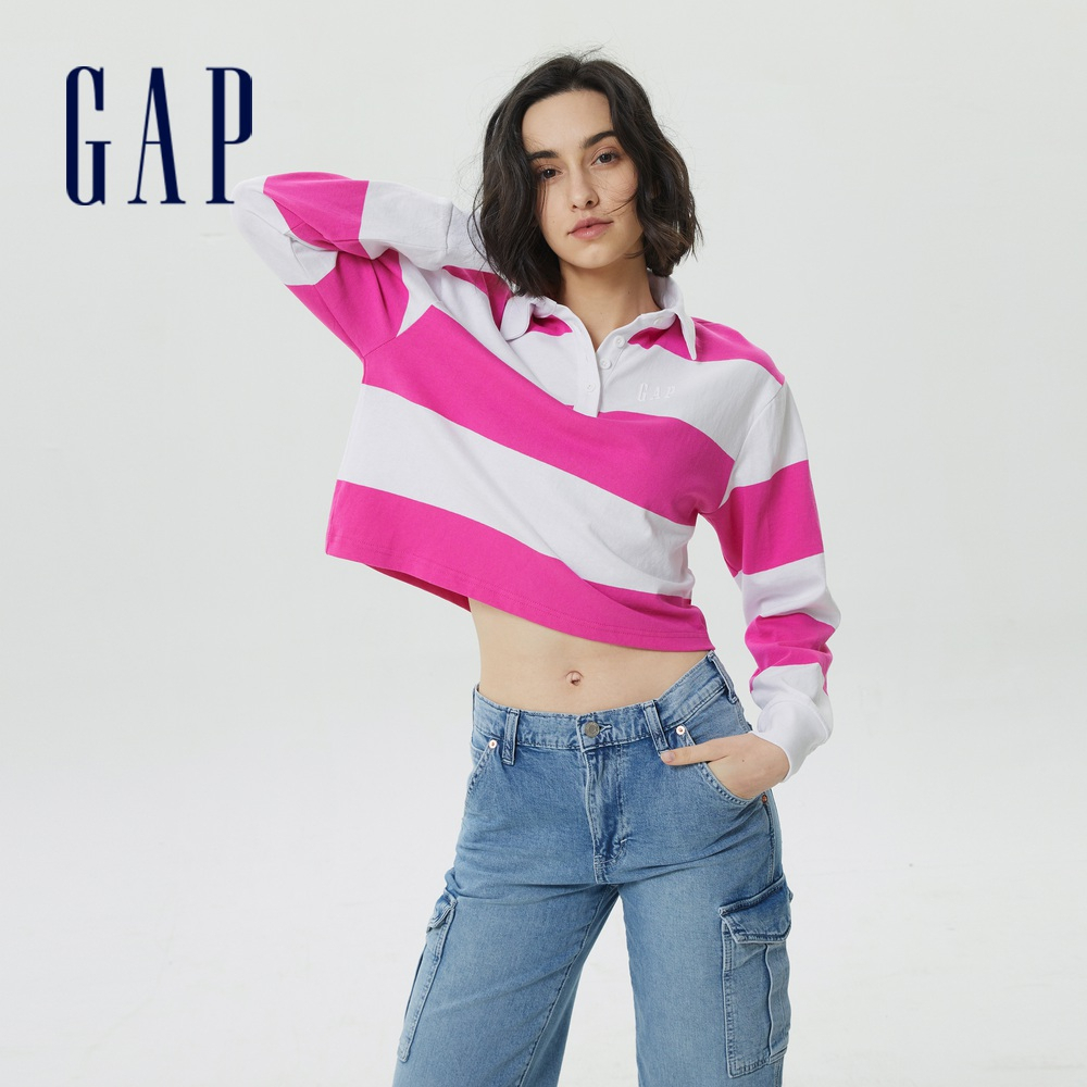 Gap 女裝 Logo寬條紋翻領長袖T恤 厚磅密織水洗棉系列-粉色條紋(598230)