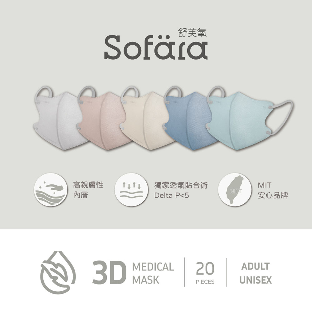 【官方直營】Sofara舒芙氧 成人款3D立體醫用口罩 (20入/盒)小臉口罩 成人口罩 莫蘭迪色 醫療口罩 空氣口罩