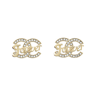 CHANEL雙C LOGO字母設計金屬鑲嵌水鑽穿式耳環(金)