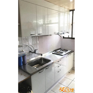 艾尚佳系統廚具⭐白鐵廚具實用又防潮👉木芯桶+水晶門+不鏽鋼檯面 200cm上下櫃 搭豪山二機$43580元