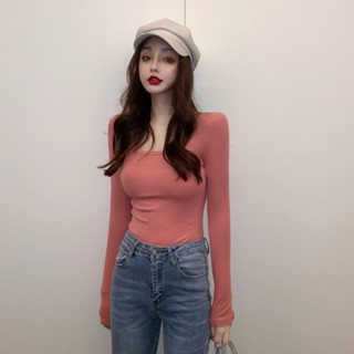 💖有貨臺灣出💖Small Puzi甜辣U領長袖T卹女早秋內搭彈力緊身上衣 女t恤