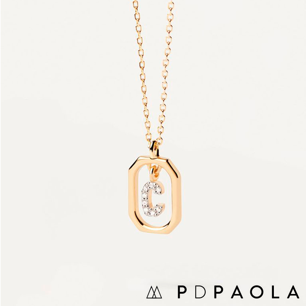 PD PAOLA 西班牙時尚潮牌 迷你鑲鑽C字母項鍊 金色簡約項鍊 925純銀鑲18K金
