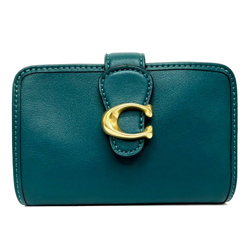 【COACH】專櫃款字母C LOGO滑面牛皮零錢袋中夾(藍綠)