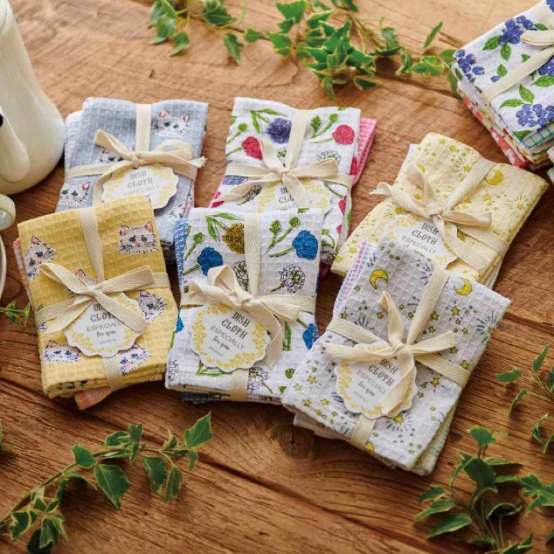 『米米兔日本雜貨店』現貨 日本 DISH CLOTH 純棉家事布2入組 吸水 速乾 廚房 擦拭布 抹布 貓咪 花卉