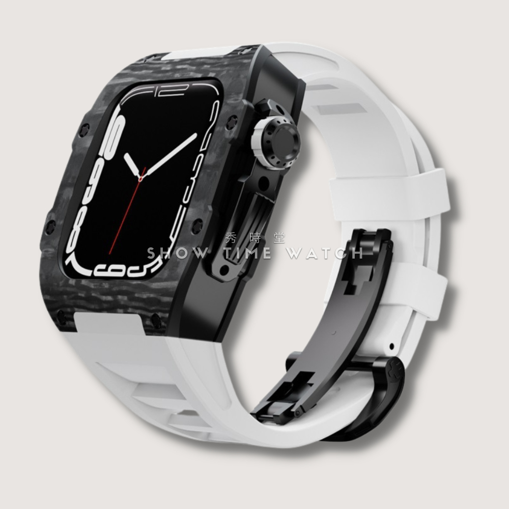 讓Apple Watch更百搭的救星/類RM 碳纖維+鈦合金 蘋果錶殼 44mm 45mm 黑殼 白膠帶 [秀時堂]