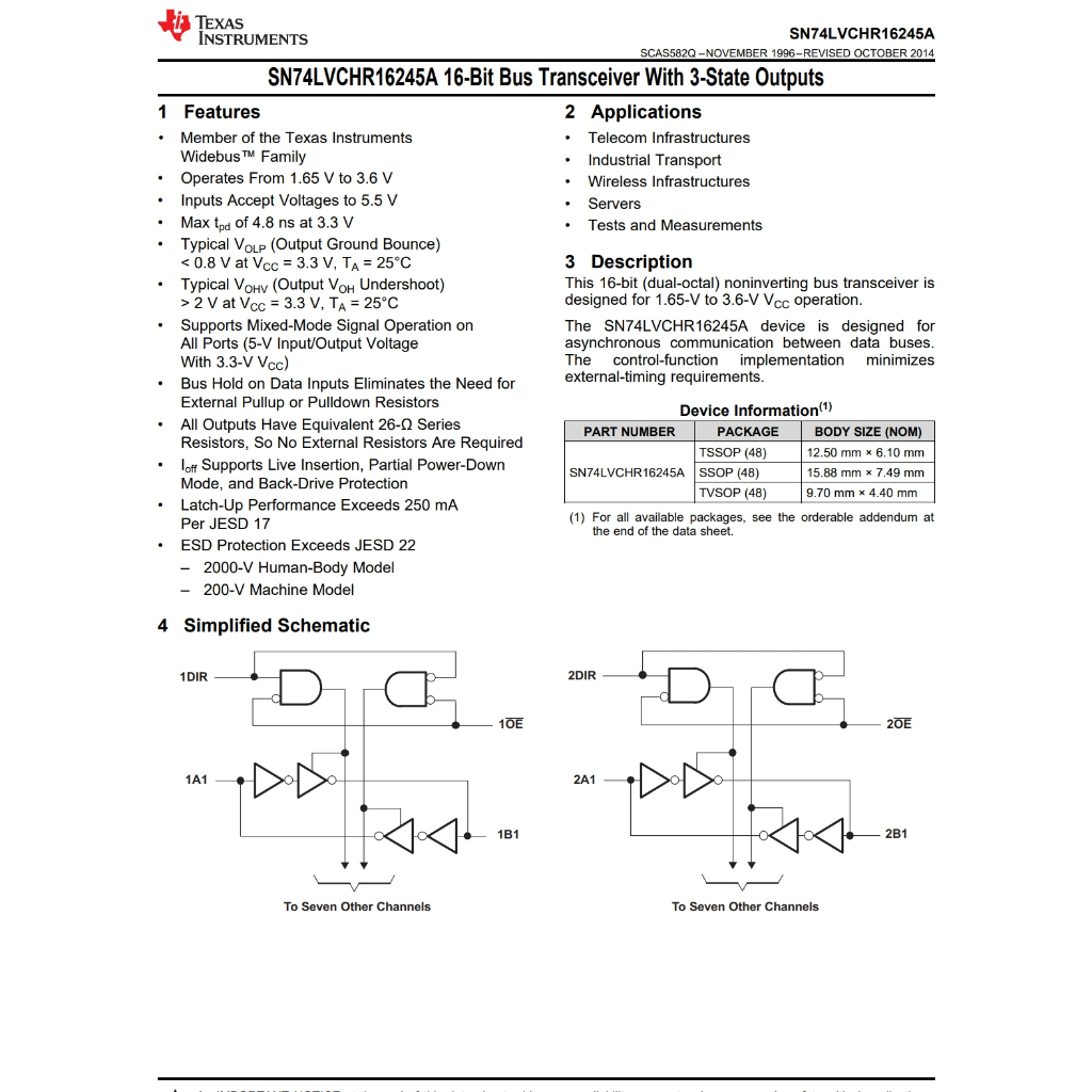 SN74LVCHR16245ALR 收發器、非反相 2 元件 8 每元件位元 3 態 Output 48-SSOP