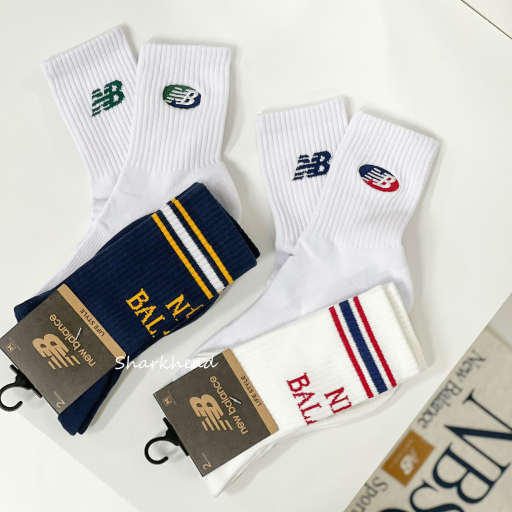 【Sharkhead】現貨 New Balance Socks 長襪 條紋 Logo 紅藍 米白 兩雙組 深藍 藍黃 白