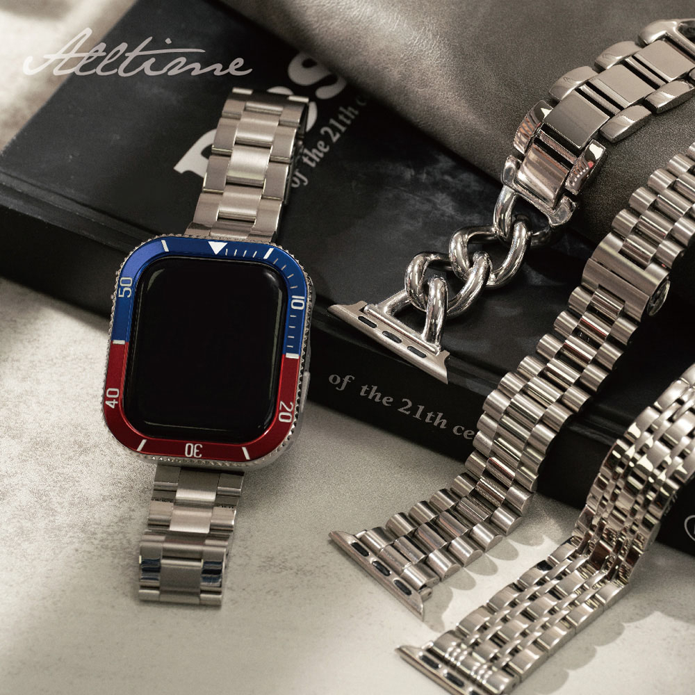 【AllTime】極奢設計款｜紅藍銀水鬼殼×不鏽鋼Apple watch錶帶套組 44 / 45mm