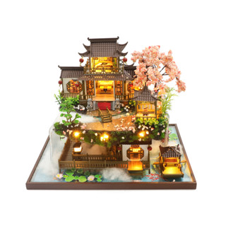 【臺灣現貨|世外仙境】弘達中國風DIY小屋 手工拼裝房屋 別墅組合屋模型屋 古建築生日禮物 徽式建築 浪漫櫻花 大型瀑布