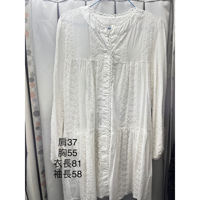 全新白色長袖蕾絲棉麻長版上衣小洋裝