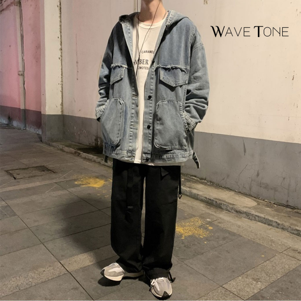 WAVE TONE 〖台灣 2色 情侶〗韓版學院風復古ins秋冬寬鬆落肩大口袋連帽外套 牛仔外套 單寧外套『2436』