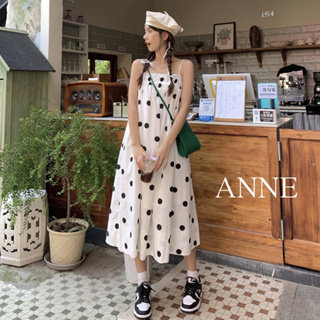 ANNE｜波點細肩帶平口連身裙【AD10271】平口洋裝 平口連身裙 細肩帶連身裙 波點 長裙 細肩帶 無袖連身裙