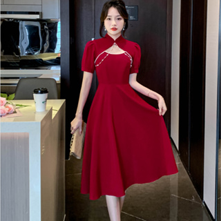 胖胖美依 洋裝 連身裙 收腰洋裝 S-XL紅色旗袍敬酒服高級感小個子禮服裙連身裙G605-6675.