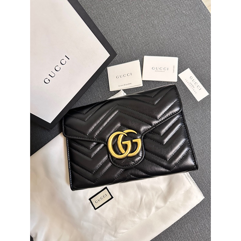 GUCCI Marmont WOC 黑色 牛皮 人字紋 鏈條包 肩背包