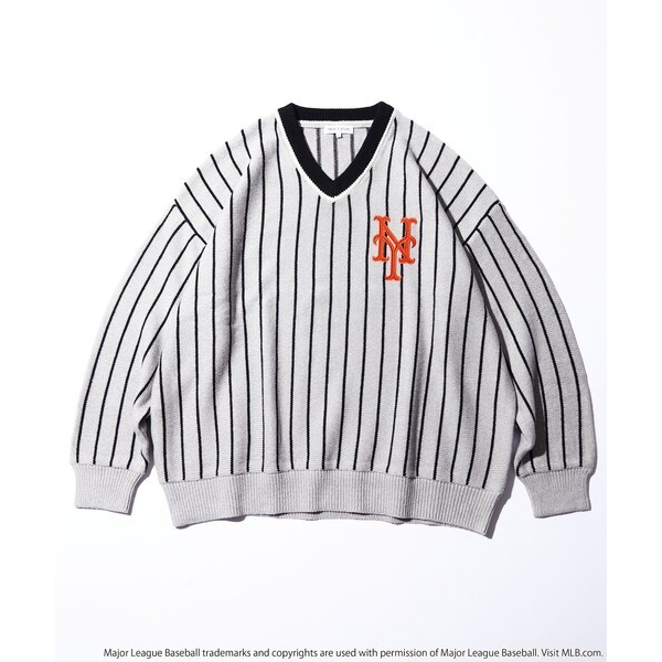 全新現貨！Freak's Store MLB Mets sweater 灰色直條紋大都會隊V領長袖針織衫上衣-S號