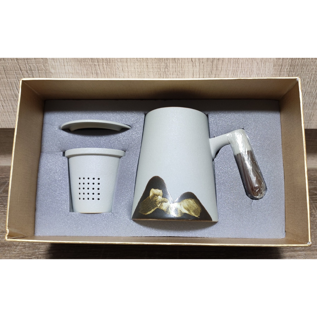 遠山陶瓷馬克杯(白色) 木柄 泡茶杯(茶杯 過濾杯 杯蓋 3件組) 精裝禮盒