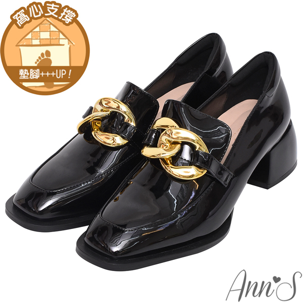 Ann’S氣勢金色鍊扣-軟漆皮方頭粗跟樂福鞋4.5cm-黑