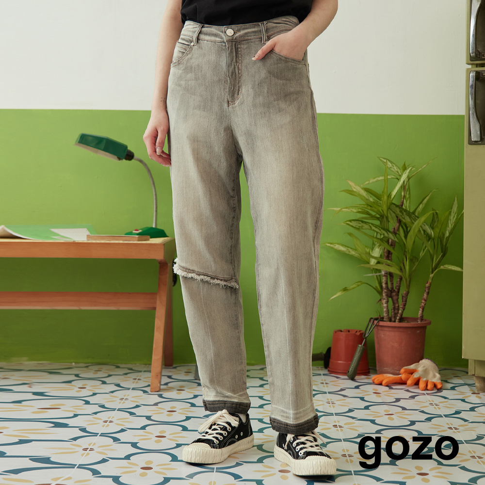 【gozo】超彈刷白抽鬚寬直筒牛仔褲(灰色/淺藍_M/L) | 牛仔 修身 百搭