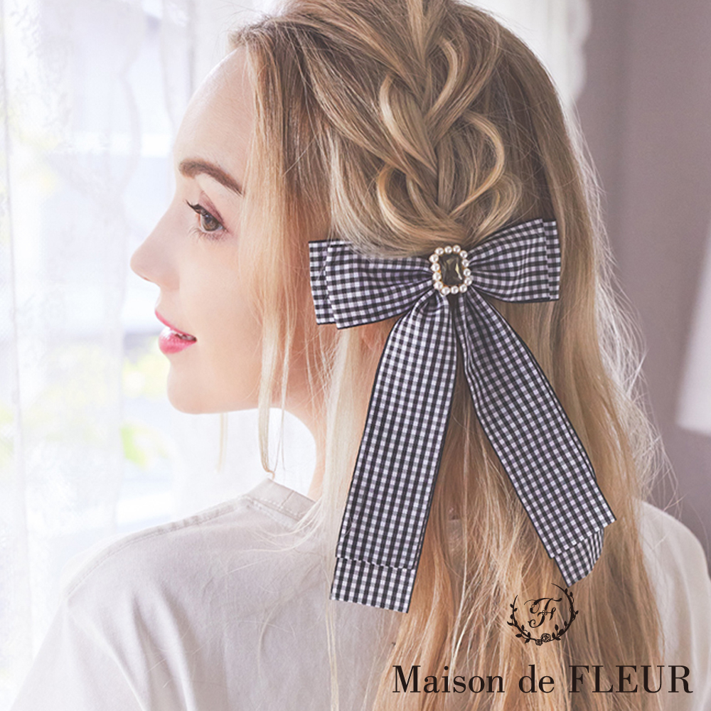 Maison de FLEUR 絢麗珍珠寶石格紋蝴蝶結髮夾(8A22FHJ0800)