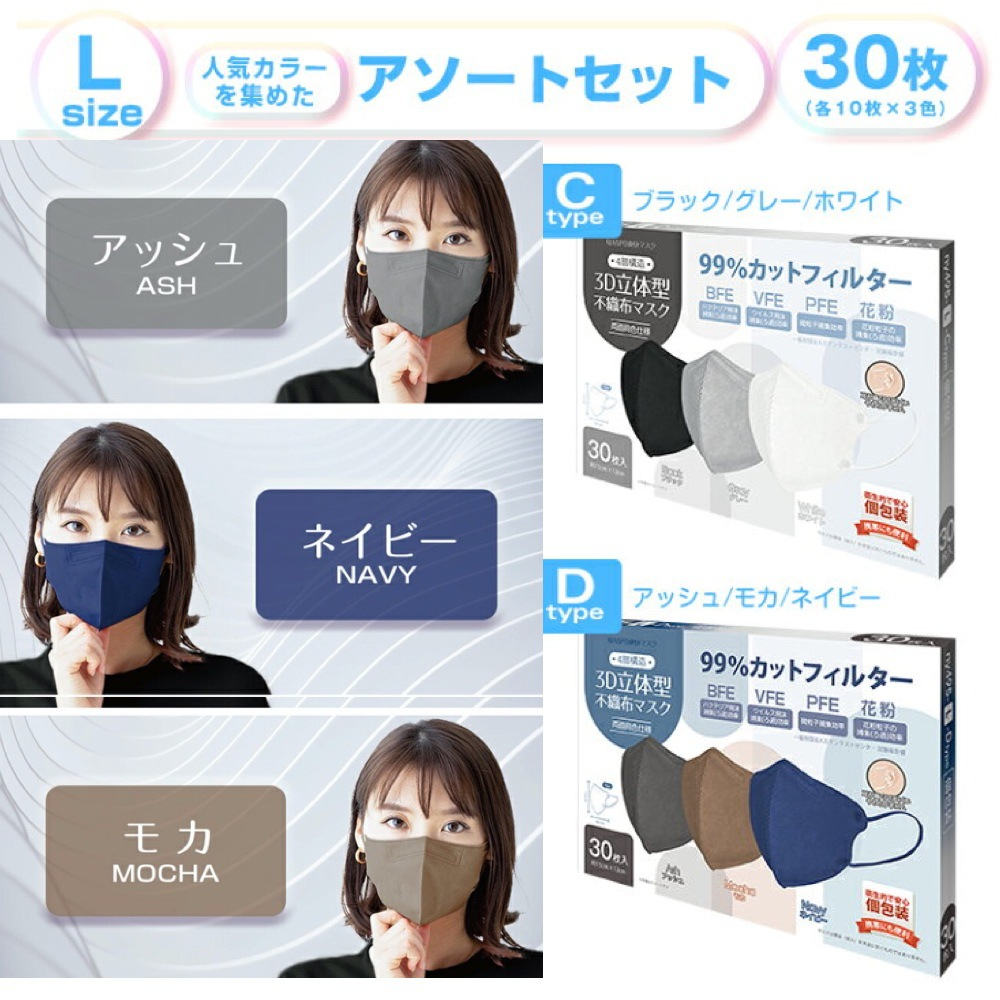 【鼻壓條小臉獨家】戴眼鏡推薦！日本原裝 混色 4層KN95 30枚成人立體 3D口罩