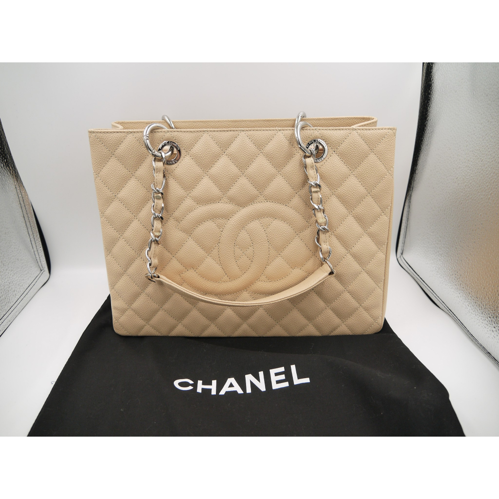 9.9成新CHANEL 香奈兒 杏色荔枝紋牛皮肩背包 單肩包 托特包GST Grand Shopping Tote Ba