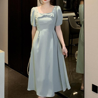 愛依依 短袖洋裝 長洋裝 收腰洋裝 S-XL新款短袖法式複古藍色溫柔連身裙TCF07A-23038.