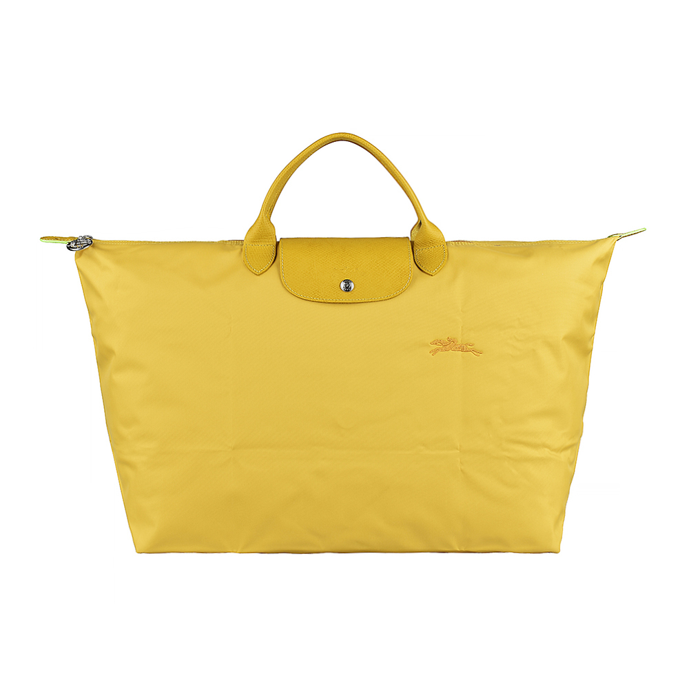 LONGCHAMP LE PLIAGE GREEN刺繡LOGO再生尼龍摺疊拉鍊手提旅行包(大/粉黃)