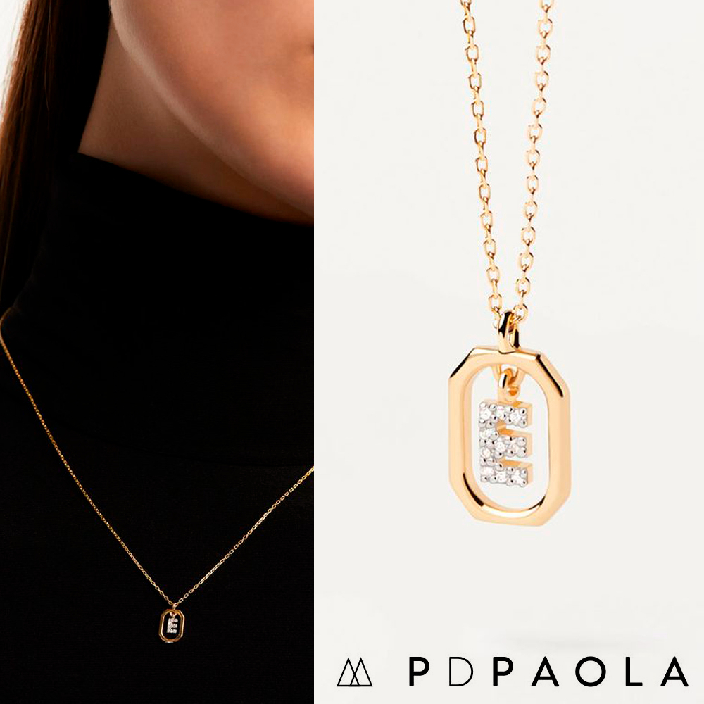 PD PAOLA 西班牙時尚潮牌 迷你鑲鑽E字母項鍊 金色簡約項鍊 925純銀鑲18K金