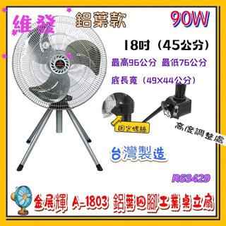 家用電風扇 台灣製造 馬達不發燙 不會產生熱風 工業電扇 金展輝18吋四腳工業立扇 A-1803 可左右擺頭之工業立扇