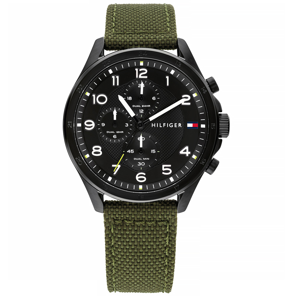 TOMMY HILFIGER / 軍事風格 兩地時間 日本機芯 帆布皮革手錶 黑x軍綠 / 1792006 / 44mm