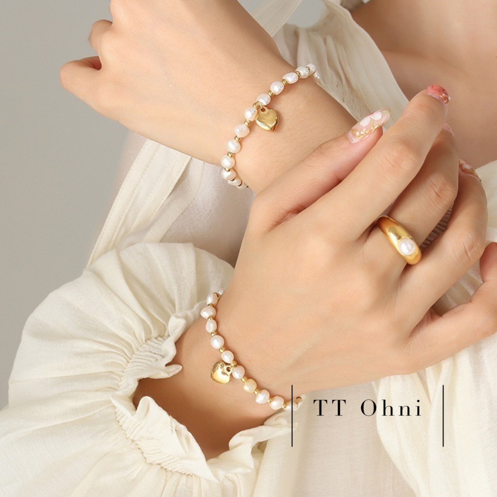 TT Ohni法式高級感淡水珍珠拼接鋼珠桃心吊墜手鍊
