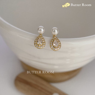 Butter Room 925純銀耳環 人魚眼淚 （金/銀） 臺灣出貨免運 珍珠耳環 鋯石 水滴 純銀耳環