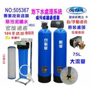 全戶濾水地下水過濾75公升砂濾自動逆洗除汙除鐵鏽20英吋大胖PP綿濾水器淨水器貨號505367
