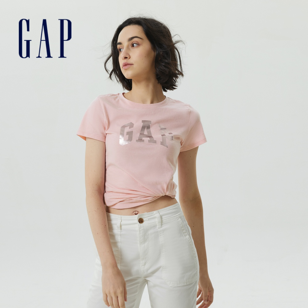 Gap 女裝 Logo純棉修身圓領短袖T恤-櫻花粉(268820)