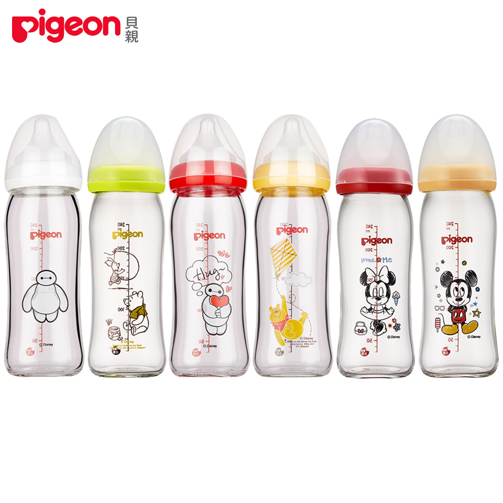 日本【Pigeon 貝親】迪士尼寬口玻璃奶瓶-米奇/米妮/維尼/杯麵(經典/擁抱)【240ml】