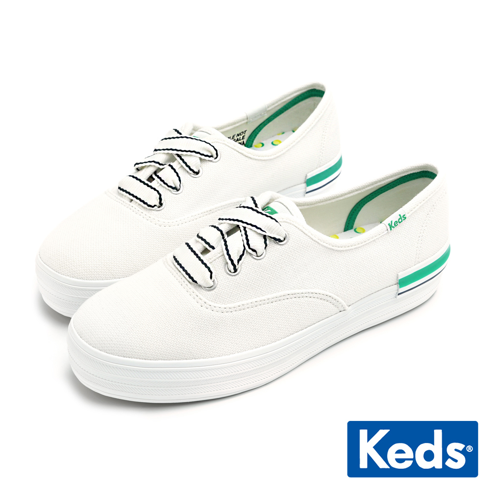 【Keds】THE PLATFORM 經典帆布厚底緞帶休閒鞋-白綠 (9231W133499)