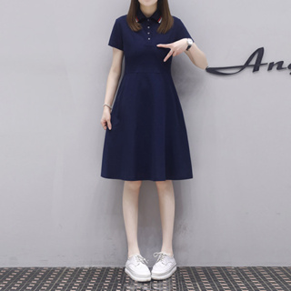愛依依 短袖洋裝 休閒T卹裙 高腰洋裝 S-3XL新款polo衫中長款T卹裙開衫簡約連身裙G763-F 8868.