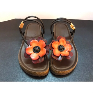 kikishoes] 腳丫子花朵夾腳厚底涼拖鞋 牛皮材質台灣製手工鞋