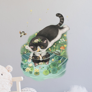 可愛貓咪倒影 動物壁貼 貓咪 乳牛貓 客廳臥室 背景貼畫 卡通創意 DIY 房間裝飾 居家裝飾 ZDB 窩自在