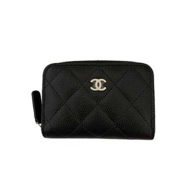 全新 Chanel 香奈兒 黑金 金釦 黑色荔枝牛皮 魚子醬 ㄇ字拉鍊零錢包 三層卡夾 卡包 新款小費袋（AP0216）