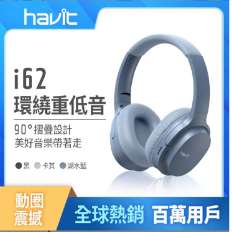 9.9成新【Havit 海威特】i62 立體聲藍牙無線耳罩式耳機(可90度折疊收納)