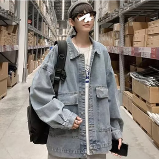 日系ins潮牌 工裝牛仔夾克外套男 淺色大口袋復古 寬鬆潮流上衣 韓版情侶百搭外套 牛仔外套 男生衣著 DDW92