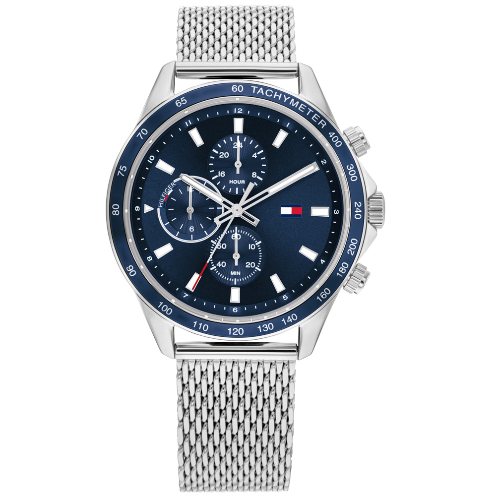 TOMMY HILFIGER / 簡約三眼 經典 兩地時間 米蘭編織不鏽鋼手錶 藍色 / 1792018 / 44mm