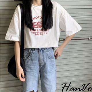 【HanVo】衝衝衝敞篷跑車T恤 百搭透氣親膚舒適顯瘦圓領短袖上衣 韓版簡約日常T 韓系女裝 女生衣著 A01-1432