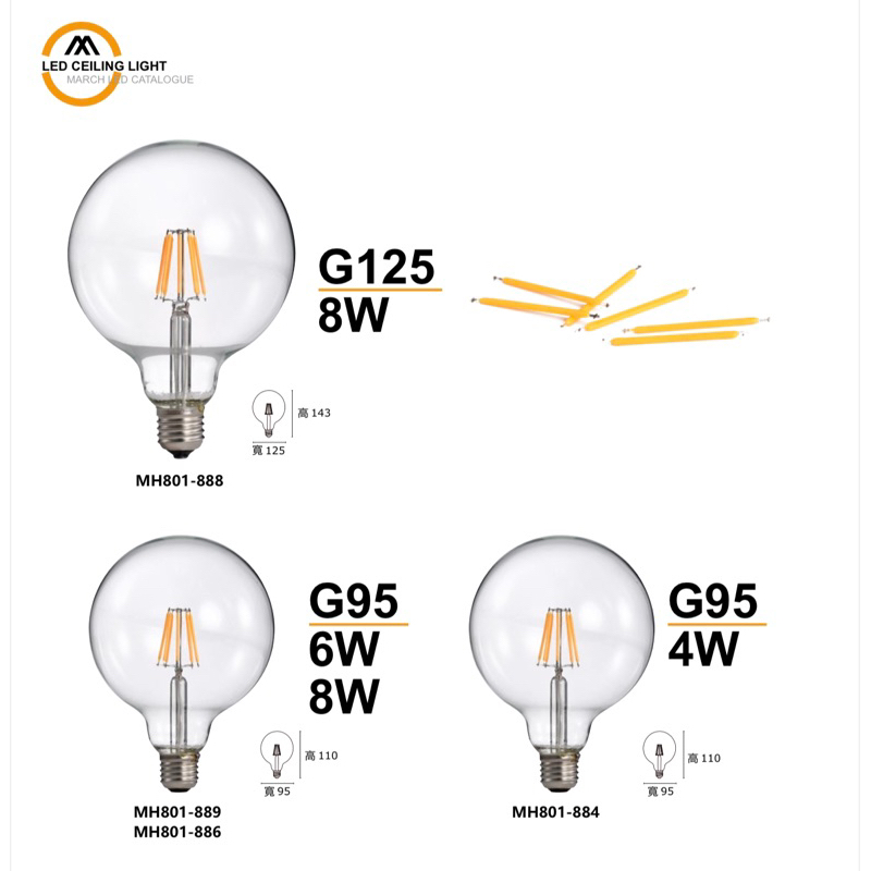 好時光～MARCH LED G125 G95 大燈泡E27 8W 6W 4W 燈絲燈 大珍珠 玻璃燈泡 全電壓 工業風