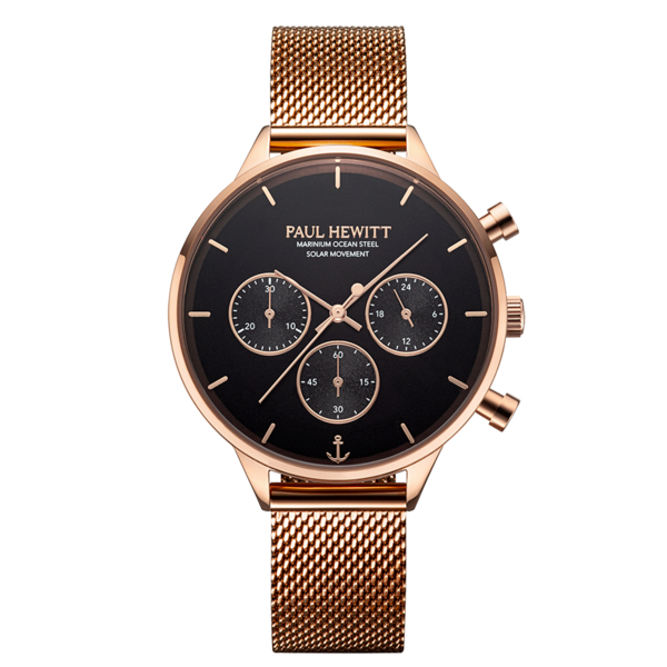 PAUL HEWITT德國船錨造型品牌手錶 | 玫瑰金殼黑面三眼光動能海洋鋼腕錶