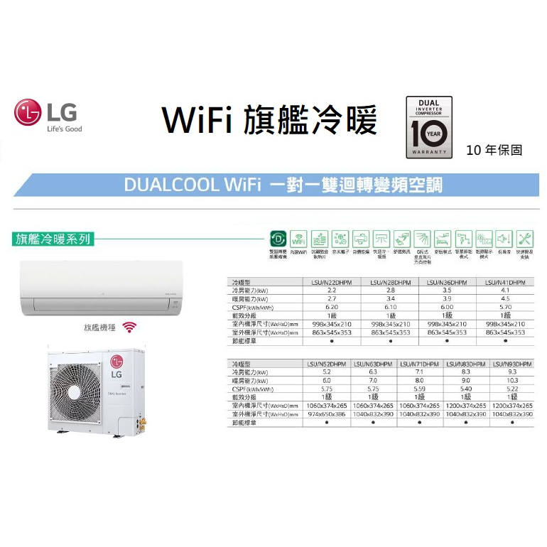 【佲昌企業行冷氣空調家電】LG  變頻冷暖分離壁掛式 4.1KW 5-7坪 LSU/N41DHPM空機價