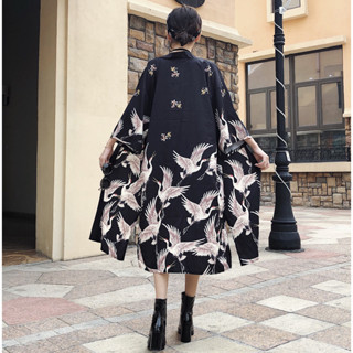 臺灣現貨!金羽毛仙鶴長款羽織 日本和服外套 黑色帥氣個性風 日式祭典和風和服外掛 寬鬆防曬外套 日本風 仙鶴長外套