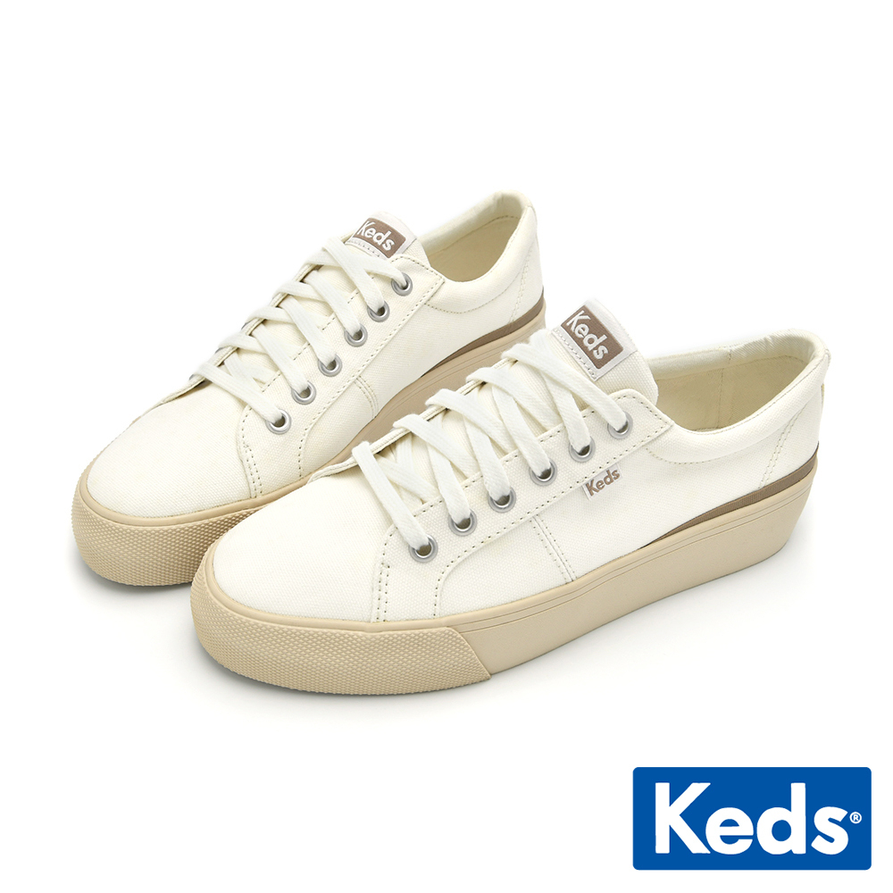 【Keds】JUMP KICK 撞色厚底帆布休閒鞋-米白 (9231W123496)