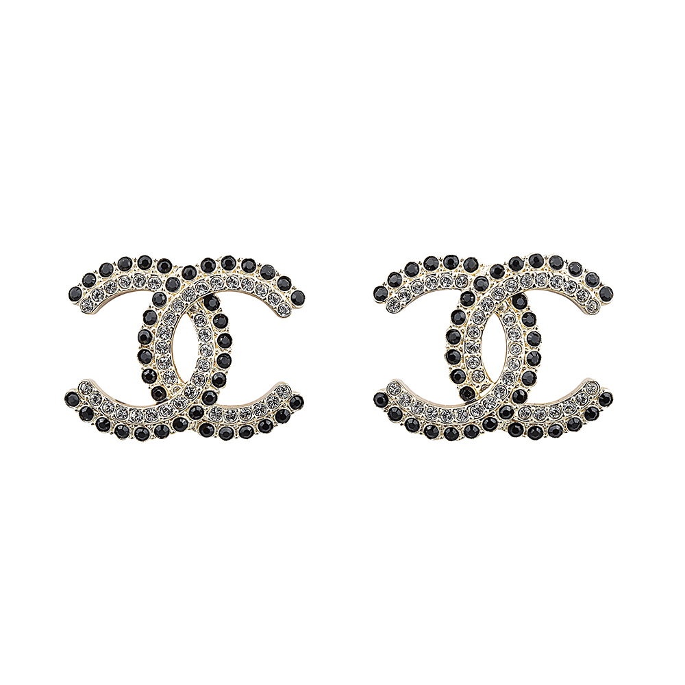 CHANEL CC LOGO鑲嵌雙色水鑽設計穿式耳環(淡金x黑白)
